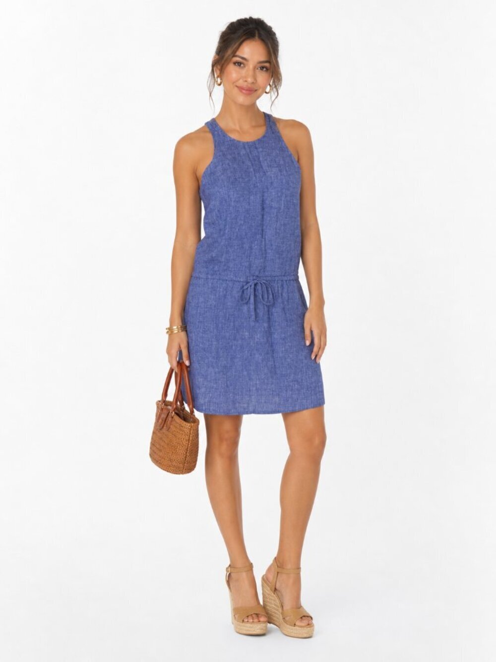 Joie Diega Linen Drawstring Tank Dress Plaza Blue XXS